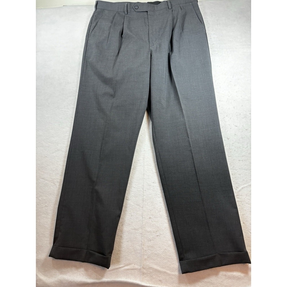 Geoffrey Beene Men's 38x32 Wool Blend Gray Pleated Cuffed Dress Pants Trousers